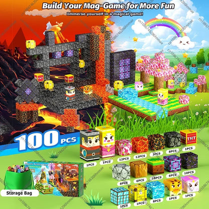 Magnetic Building Blocks Mine World Montessori Educational STEM Sensory Toy for Magnet Cube Kids Boys Girls Ages 3+ DIY Toy Gift