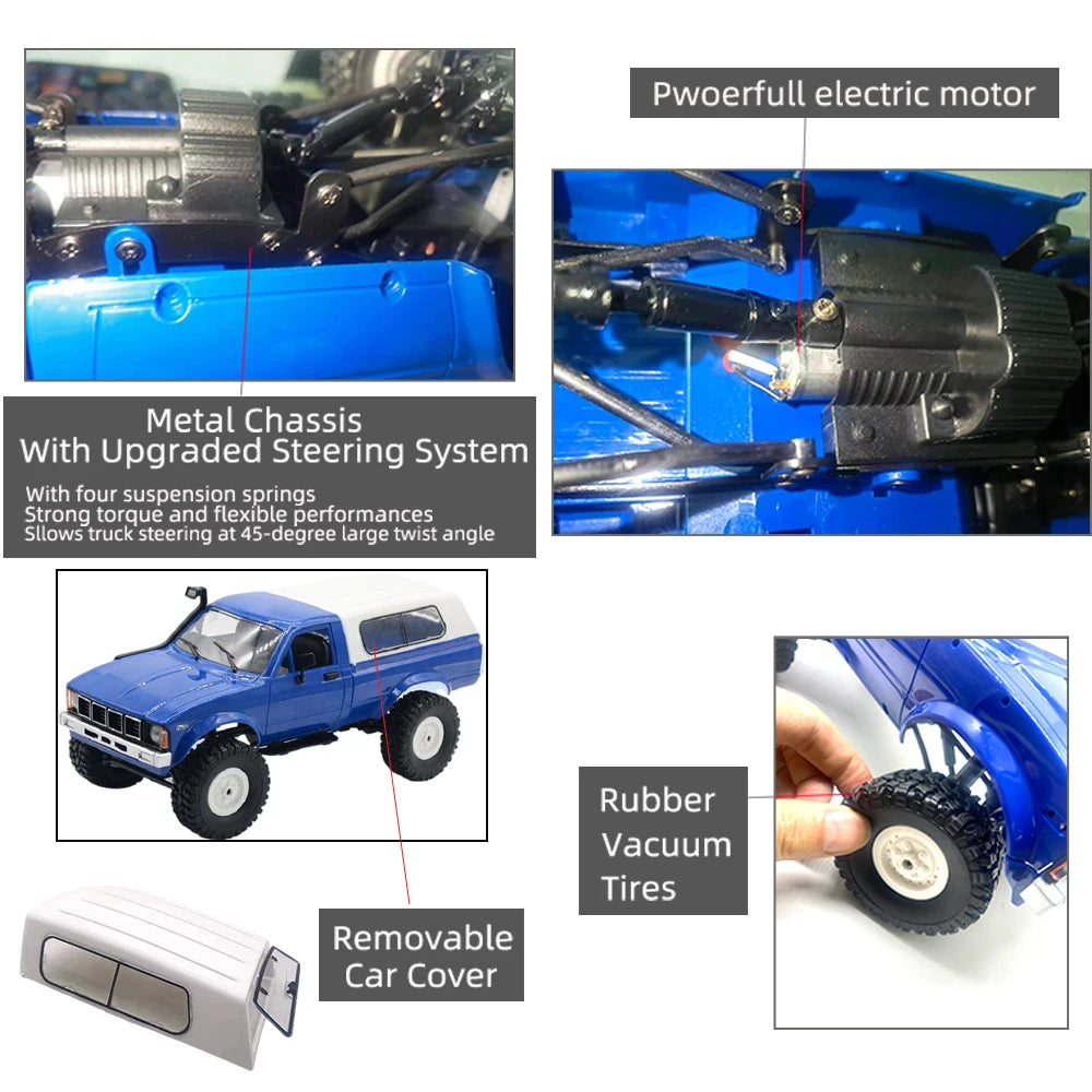 WPL C24-1 Full Scale RC Car 1:16 2.4G 4WD Rock Crawler Electric Buggy Climbing Truck LED Light On-road 1/16 For Kids Gifts Toys