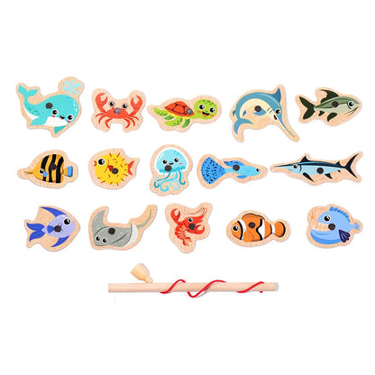 Magnetic Fishing Toys Game Set for Kids Montessori Wooden Cartoon Fishing Rod Educational Toys Birthday Party Toddle Gifts