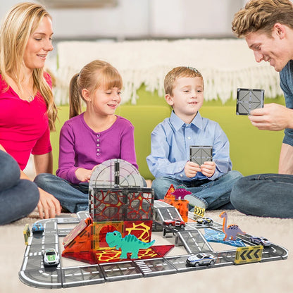 Magnetic Tiles Road Set with Pullback Car Magnet Building Tile Creative STEM Building Toy Learning Educational Toy for Kids Gift