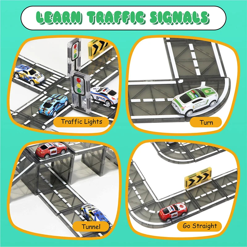 Magnetic Tiles Road Set with Pullback Car Magnet Building Tile Creative STEM Building Toy Learning Educational Toy for Kids Gift