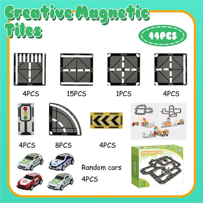 Magnetic Tiles Road Set with Pullback Car Magnet Building Tile Creative STEM Building Toy Learning Educational Toy for Kids Gift