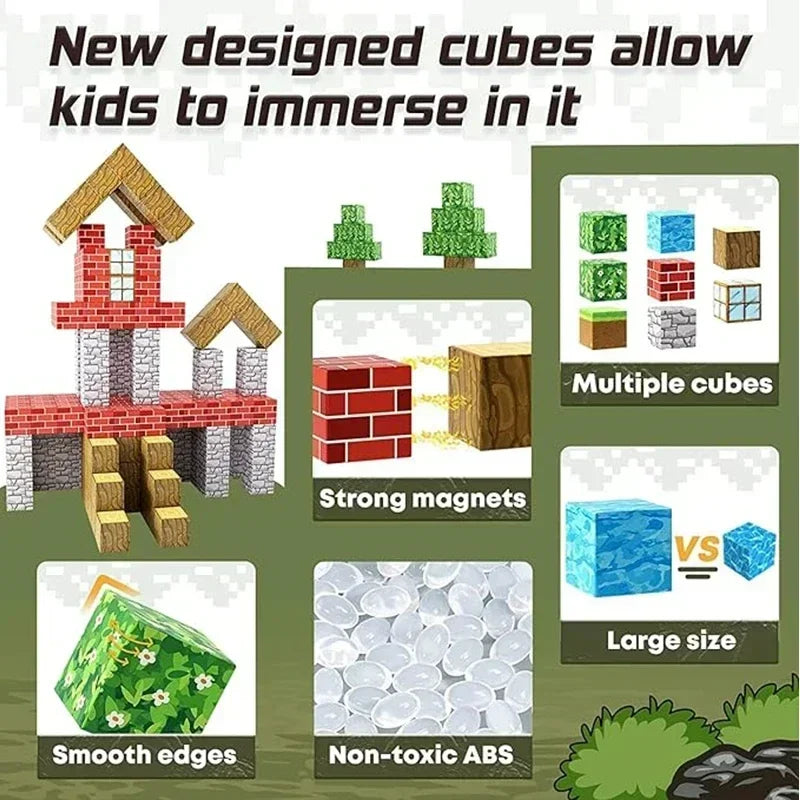 Magnetic Building Blocks Mine World Montessori Educational STEM Sensory Toy for Magnet Cube Kids Boys Girls Ages 3+ DIY Toy Gift