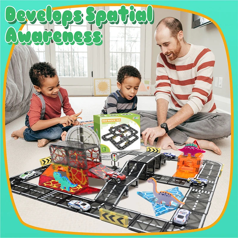 Magnetic Tiles Road Set with Pullback Car Magnet Building Tile Creative STEM Building Toy Learning Educational Toy for Kids Gift
