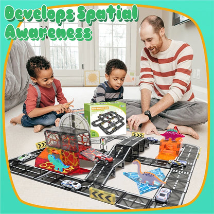 Magnetic Tiles Road Set with Pullback Car Magnet Building Tile Creative STEM Building Toy Learning Educational Toy for Kids Gift