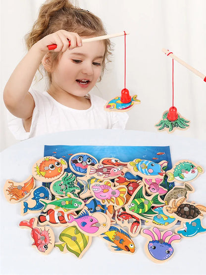 Magnetic Fishing Toys Game Set for Kids Montessori Wooden Cartoon Fishing Rod Educational Toys Birthday Party Toddle Gifts
